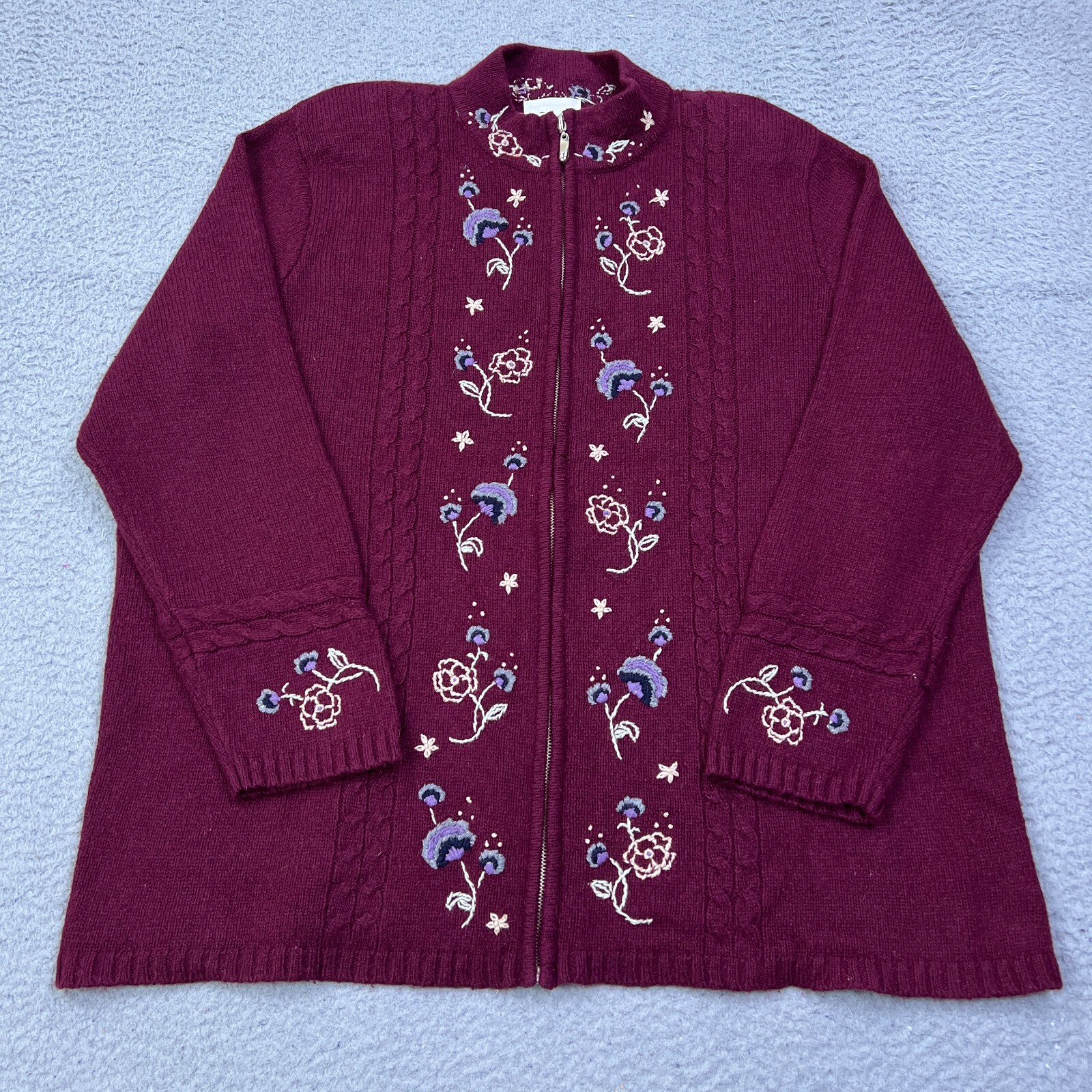 CJ Banks Hand Embroidered Cardigan 2X Maroon Floral Zip Sweater Shoulder Pads
