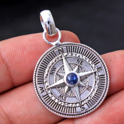 Kyanite Gemstone 925 sterling Silver Solid Handmade COMPASS Pendant 1.5''