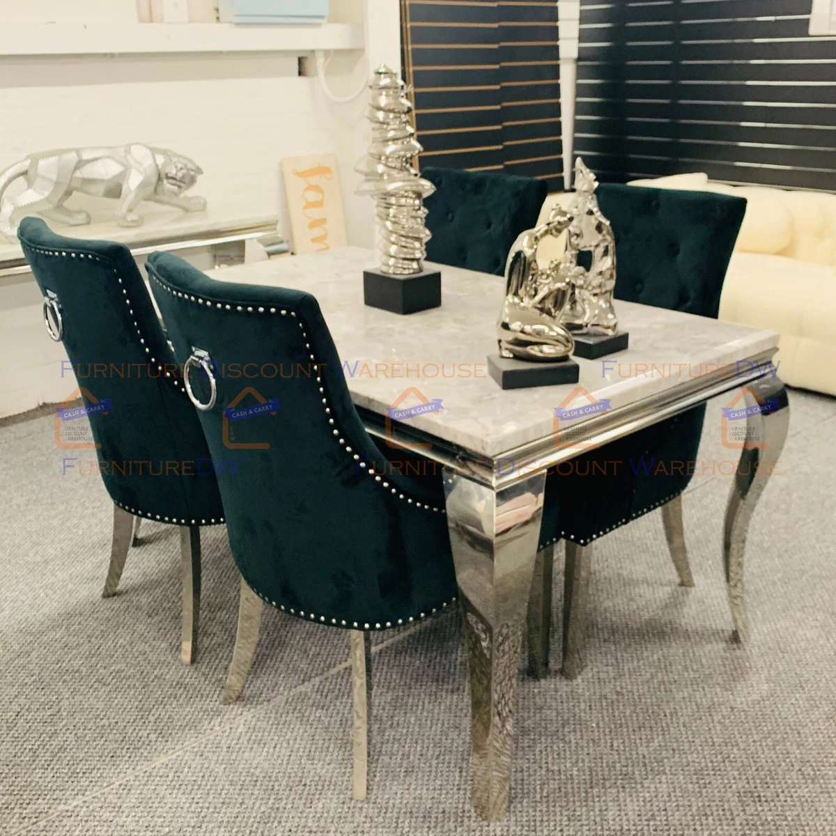 FurnitureDW 150cm Louis Light Grey Marble Chrome Dining Table and 4 Chairs Black