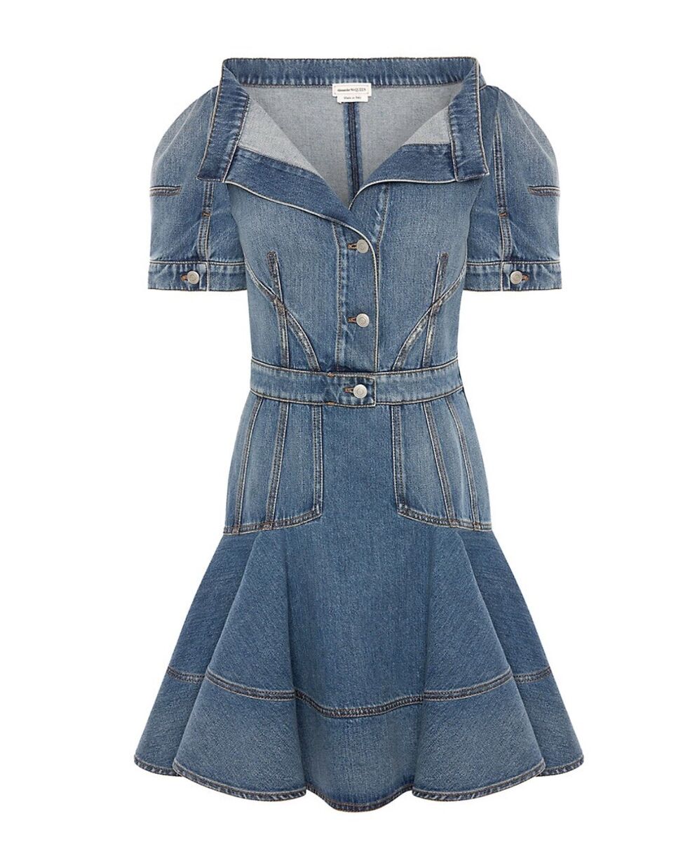 Alexander McQueen Open Neck Puff Sleeve Denim Dress Size 40 Alexander McQueen Open Neck Puff Sleeve Denim Dress Size 40