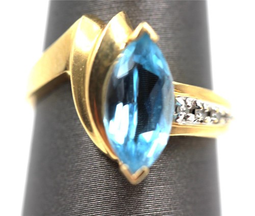 WUNDERSCHÖNER AUTHENTISCHER RING 14K GOLD ECHTER MARQUISE BLAUTOPAS & 4 DIAMANTEN
