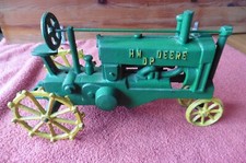 Vintage Cast Iron John Deere OP Farm Tractor Green Yellow 12" HM Deere Toy