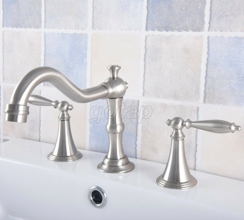 Brushed Nickel Deck Mount 3 Holes Bath Tub Mixer Tap Widespread Bathroom Faucet - Picture 6 of 7