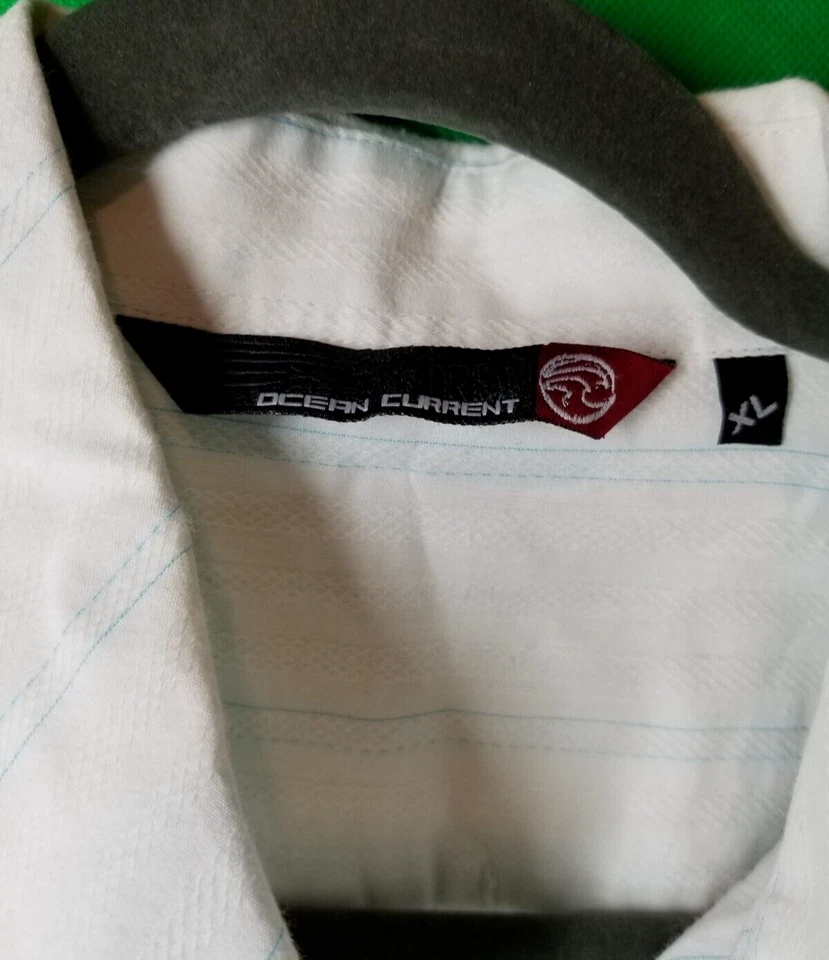 Ocean Current Button Up Short Sleeve White Blue Pinstripe, Logo, Beach Mens XL - Image 4 of 4