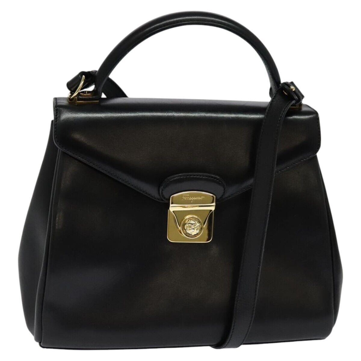 Salvatore Ferragamo Hand Bag Leather 2way Black Gold Auth Salvatore Ferragamo Hand Bag Leather 2way Black Gold Auth