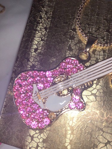 Betsey Johnson Necklace Guitar Gold Crystal Pink Rock N Roll Gift Box - Picture 5 of 12
