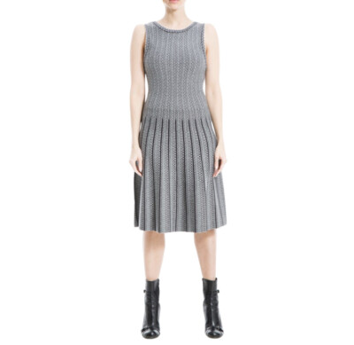 NWT $168 Max Studio Pleated Sweater Dress Grey/White/Blk Texture Sz S
