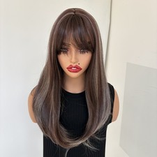 Dress Up Wig With Bangs Straight Mixed Brown blonde Synthetic Hair