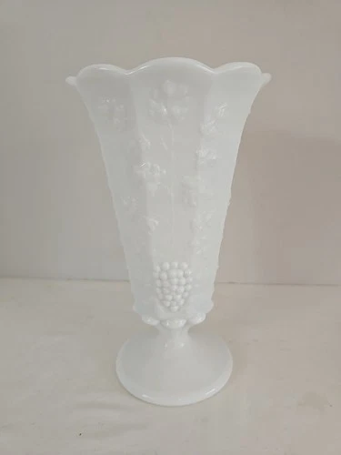 Vtg Westmoreland White Milk Glass Paneled Grape Pedestal Vase 9"