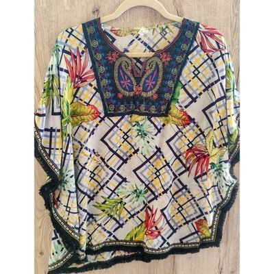 Perfect Fashion Boho Geometric Print Kaftan Top Embroidered Neckline 2XL Fringe