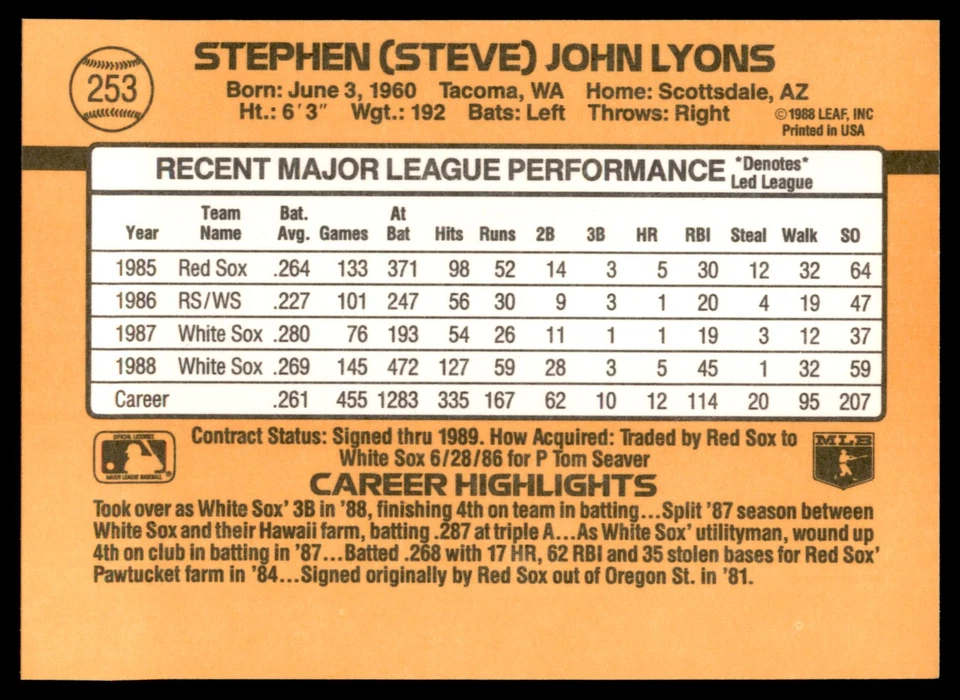 1989 Donruss #253 Steve Lyons Chicago White Sox - Image 2 of 2