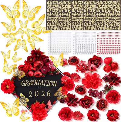 DIY Graduation Cap Decorations Kit Included Faux Flowers 3D Butterfly Self Adhes