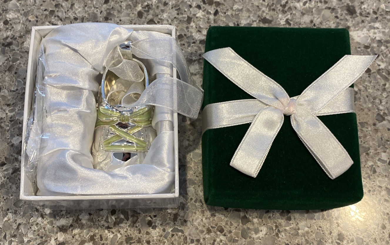 Things Remembered Sterling Silver Plated Baby Bootie Ornament w/ Disc New in Box