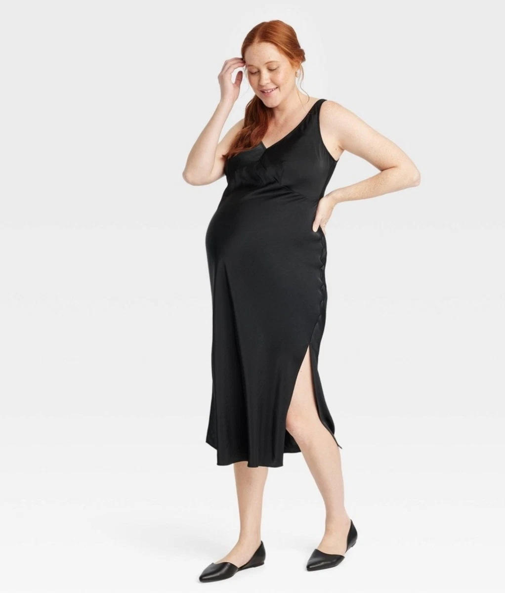knee length dresses for ladies Timeless Sophistication: Satin Maternity Gown with Pleated Bodice and Puff  Sleeves – Plum and Peaches main image 0