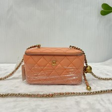 Auth Chanel Peach Pink Quilted Lambskin Vanity Case Bag with Gold Ball Hardware