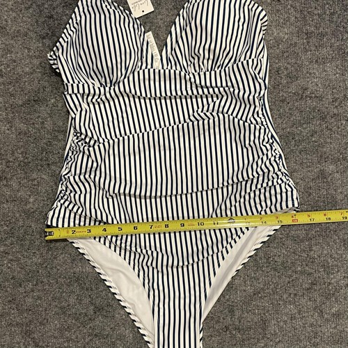 Costume da bagno donna intero Cupshe nuovo con etichette grande blu navy a righe increspato scollo a V - Foto 10 di 11