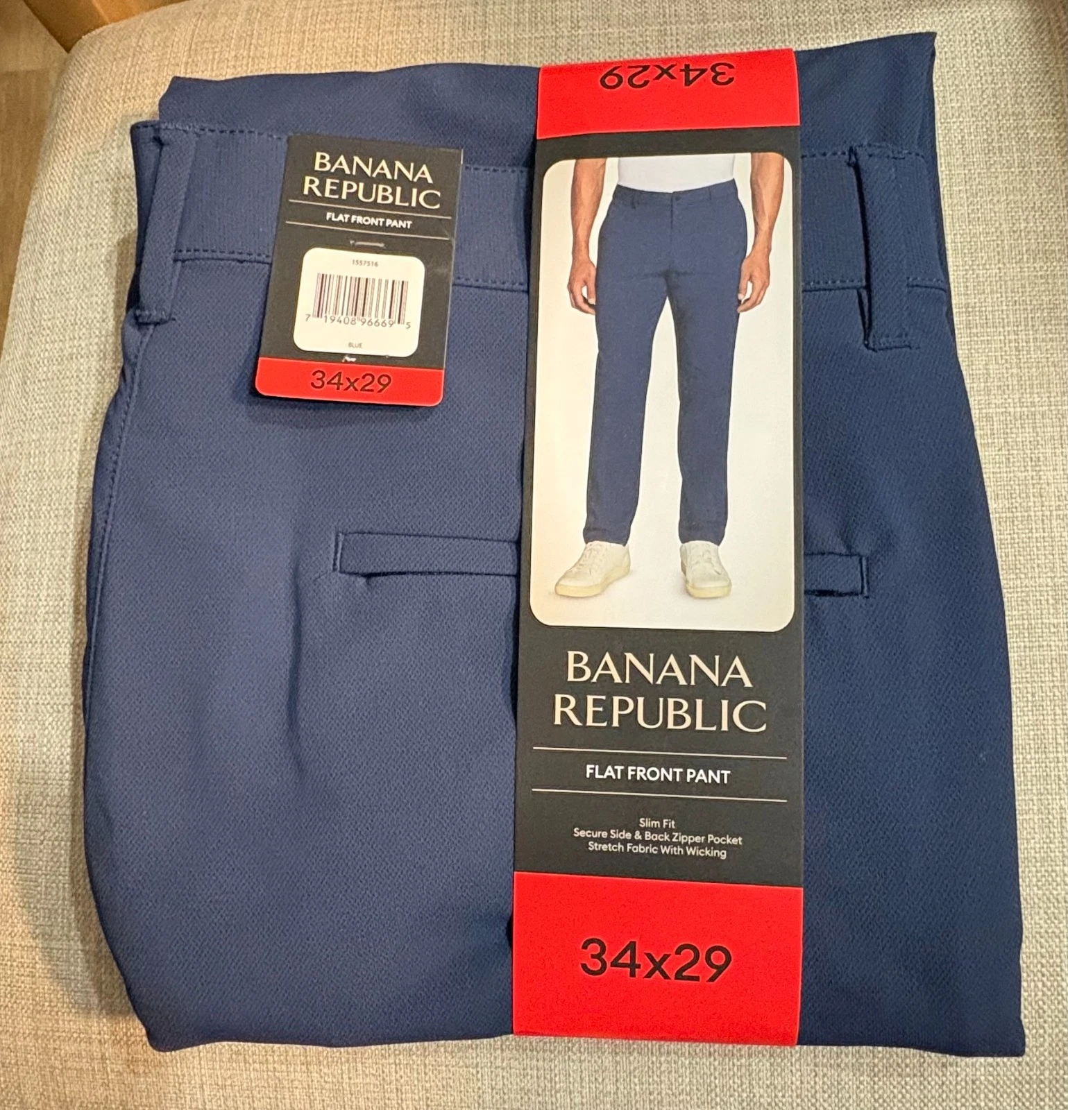 Banana Republic Men Performance Flat Front Pant Slim Fit BLUE Stretch 34x29 NWT!