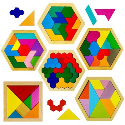 YUQILIN 6 PCS Wooden Tangrams Puzzles for Kids, Hexagon Small, Multi