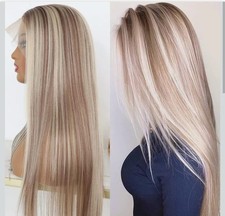 Highlight Ash Blonde Lace Long Straight Glueless 13×4 Synthetic 150 Density 24"