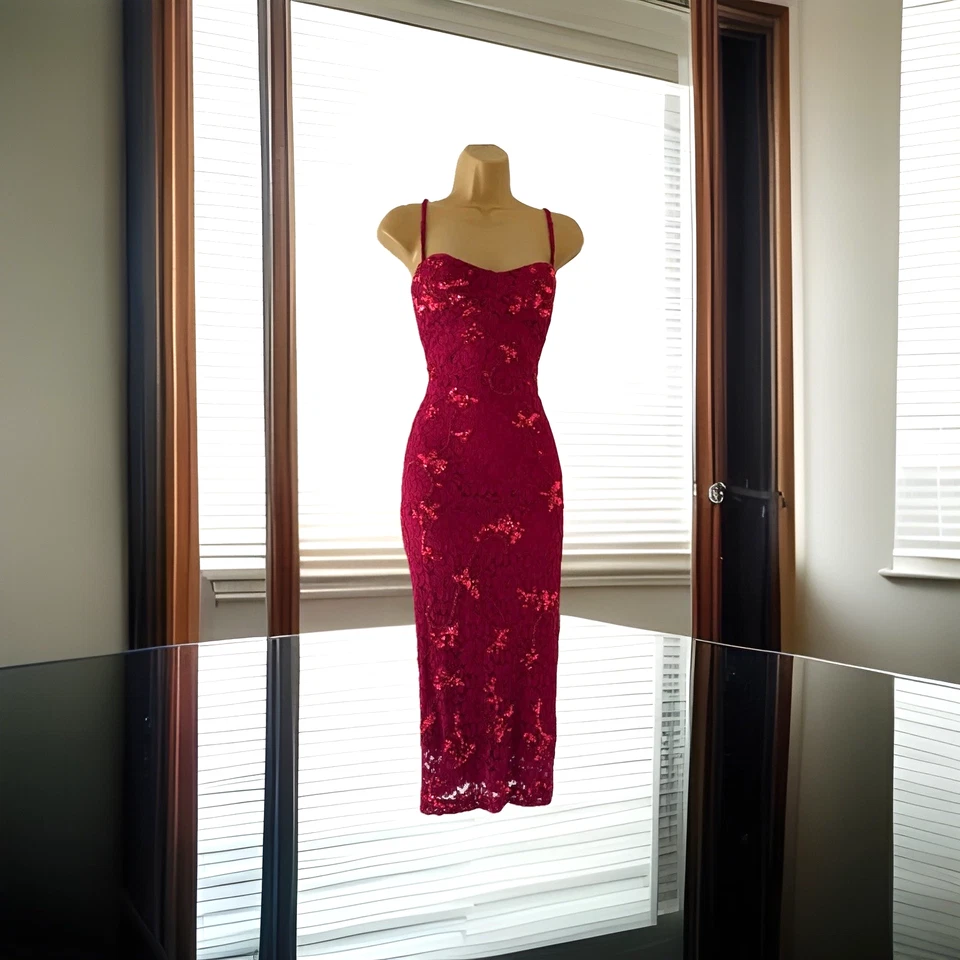 KAREN MILLEN VINTAGE Y2K RED GLAMOUR SEQUIN BEADED BODYCON DRESS UK 14 (US 10) - image 3 of 4