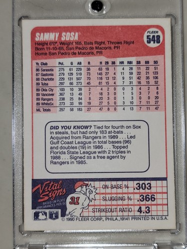 Sammy Sosa Fleer 1990 #548 *Rookie Card* *DOB ERROR* PRISTINE CONDITIONš„RAREš„ - Picture 15 of 17