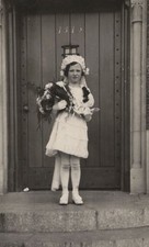 1940s Girl First Communion Dress Veil Flowers Church Steps Portrait