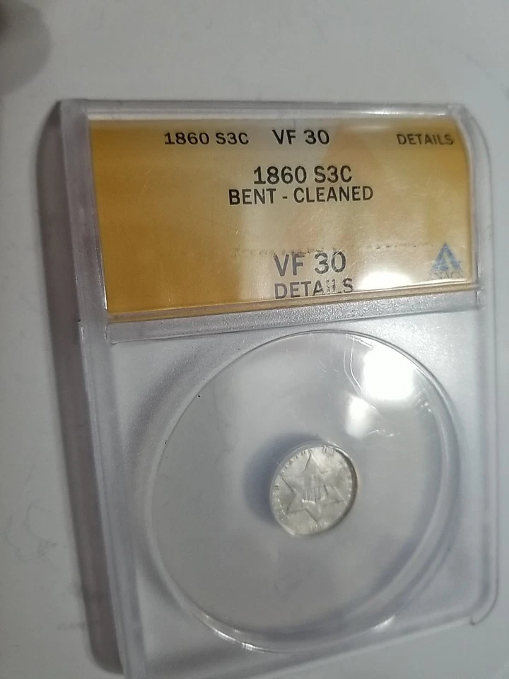 1860 III 3 Cent Nickel 3C U.S. Coin ANACS VF30 Detail Bent & Cleaned - Image 3 of 4