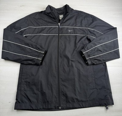 Vtg Nike Windbreaker Jacket Mesh Lined Black Gray Stripes Full Zip Y2K XL FLAW*