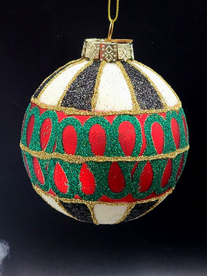 Rare MacKenzie-Childs Christmas Tree Glass Ball Ornament Black Red Gold NEW (c)