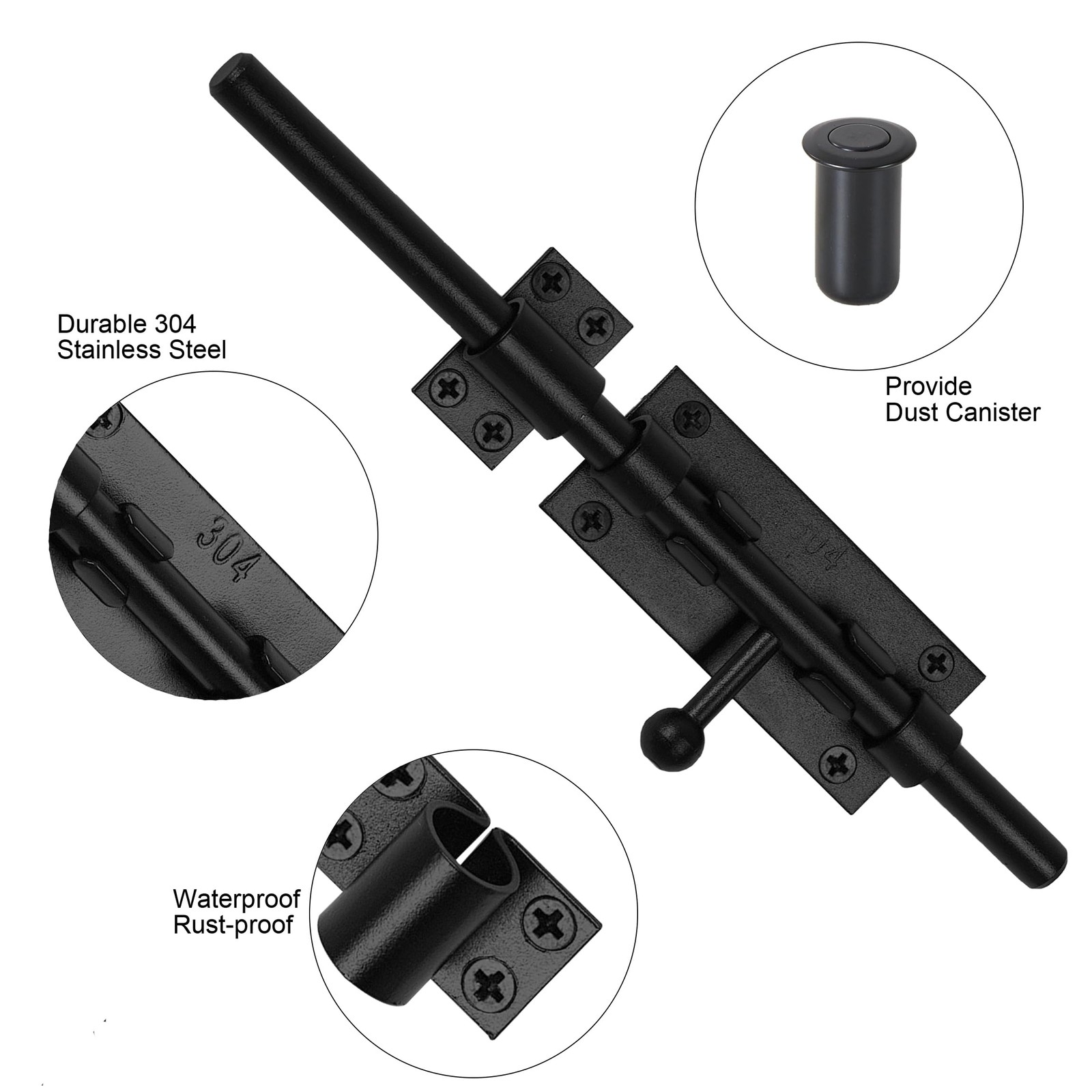 9.6 Inch Black Heavy Duty Barrel Bolt Gate Latch Stainless Steel Fence Barn Door