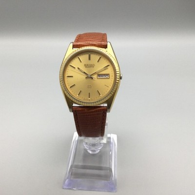 Vintage Seiko Mens Watch 35mm Gold Dial Day Date 5Y23-8A69 Leather