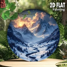 1pc Snow Mountain Sunset & Hiker Round Aluminum Metal Wall Art - 2D Flat Lightw