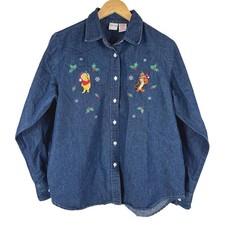 VTG Disney Winnie the Pooh Tigger Denim Button Up Shirt XL Holiday Embroidered