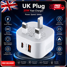 Fast Charging Dual Port Plug 20W - Type C & USB A Charger Adapter for UK Device
