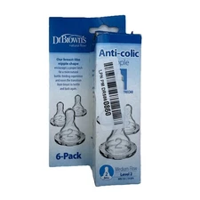 NEW Dr. Brown's 5/6 Pk. Natural Flow Anti-Colic Nipple Level 2 Medium Flow 3m+