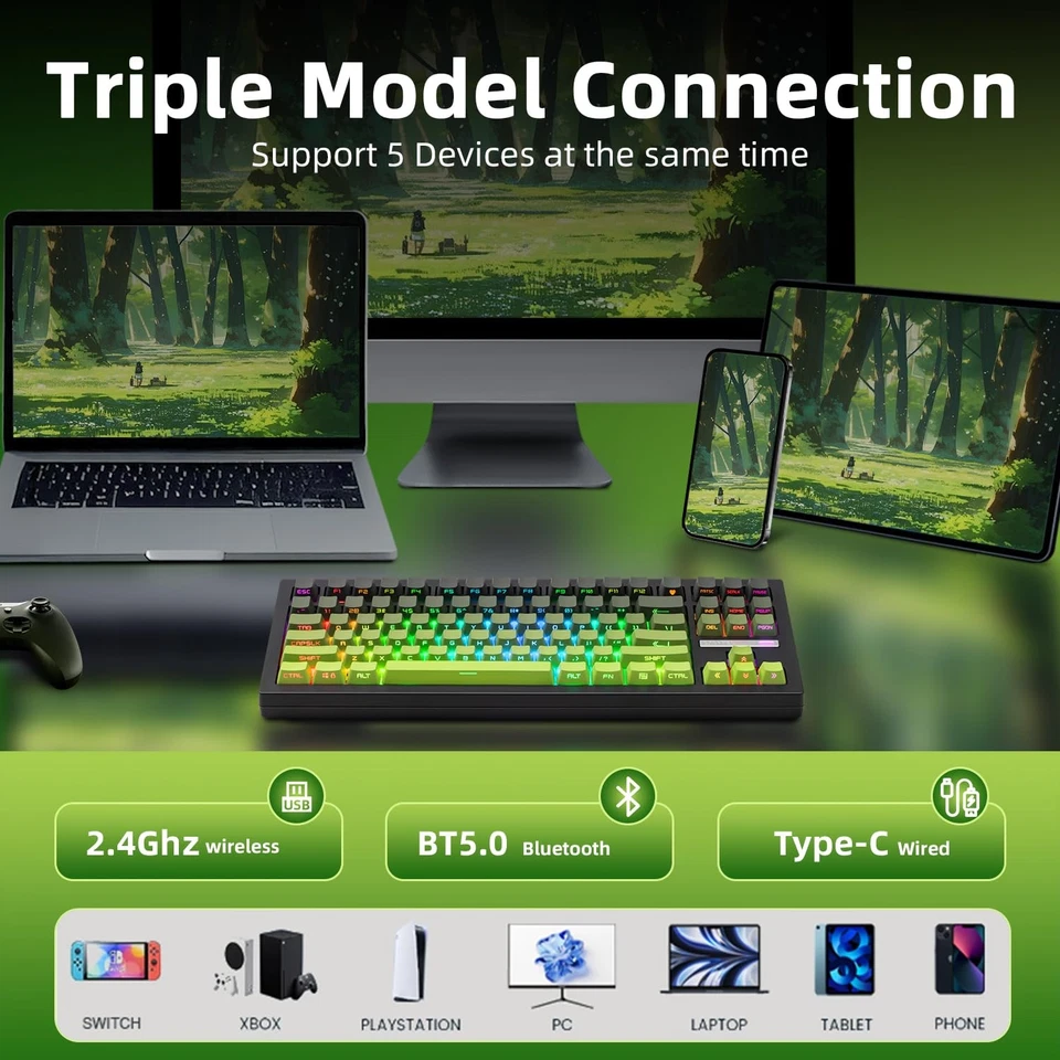 ZH870 Wireless Mechanical Gaming Keyboard,80% Green Custom Creamy Sound Keybo... - Image 3 of 4