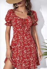 SHEIN red drawstring front floral dress puff sleeve small