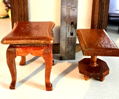Vintage Wooden Dollhouse Furniture; Handmade - 2 End Tables - Carved w/Details
