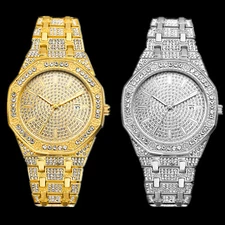 Mens Hip Hop Iced Gold Plated Luxury Bling Simulated Diamond Date Quartz Watch