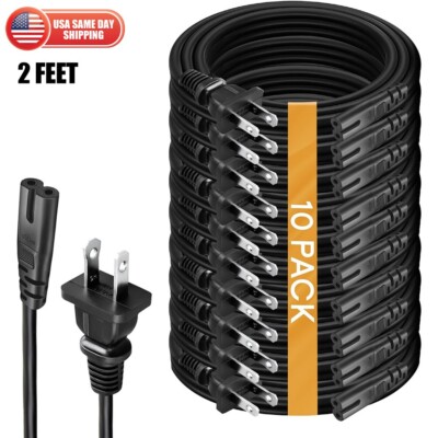 10-Pack 2FT AC 2 Prong Power Cord 2-Slot TV Speaker Xbox Power Cable Replacement