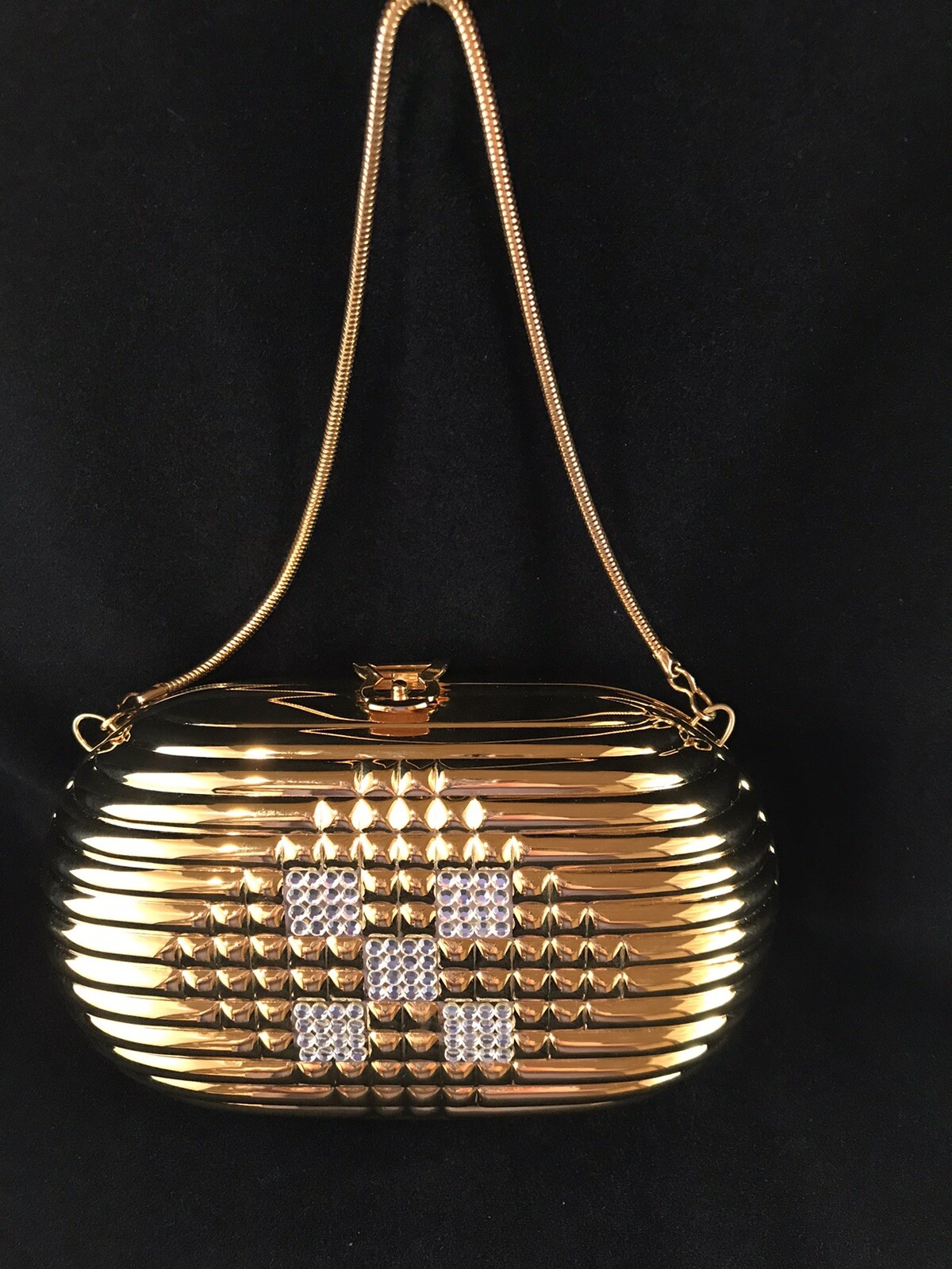 Vintage goldtone minaudière evening bag with crystal accents