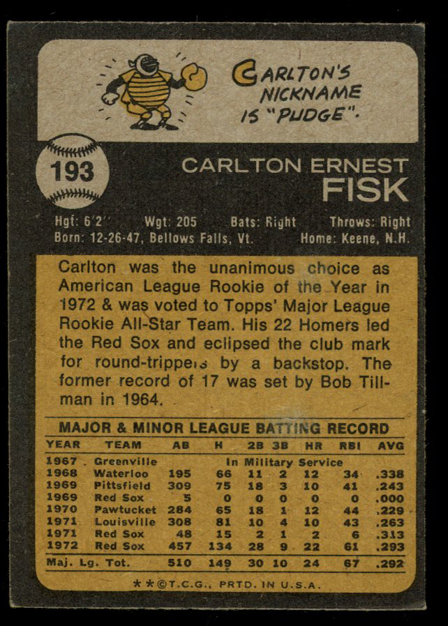 1973 Topps Set Break #193 Carlton Fisk NR-MINT NM Second Year RC