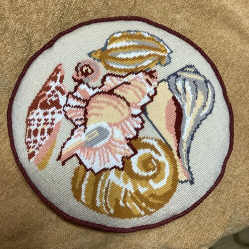 Vtg Needlepoint Tapestry Seashells Ocean Round 13"Pillow Nice Grannycottagecore