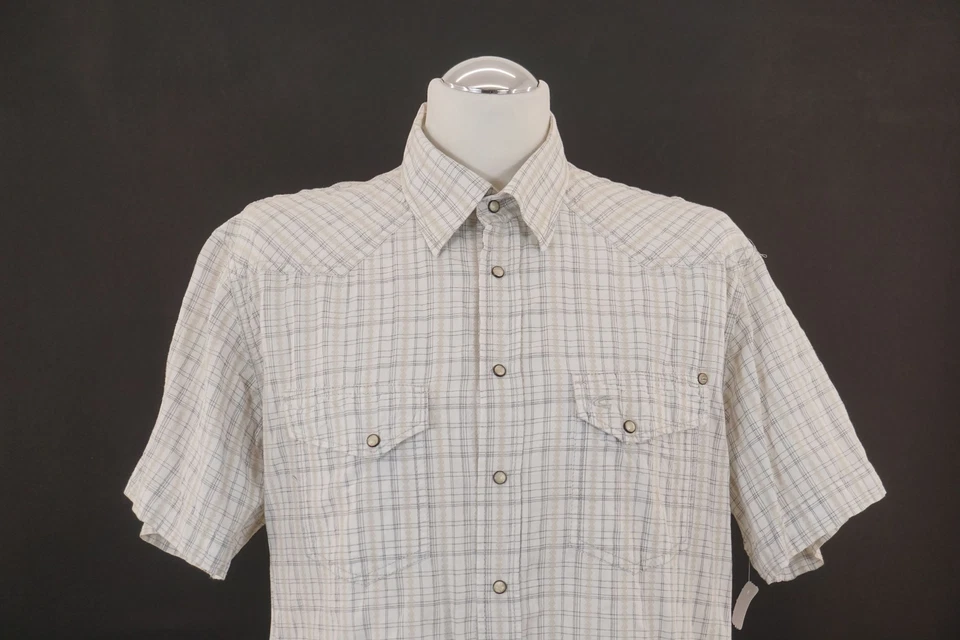 Camel Casual Shirt XL White Gray Striped Short Sleeve Kent Collar Cotton B435 - Image 2 of 4