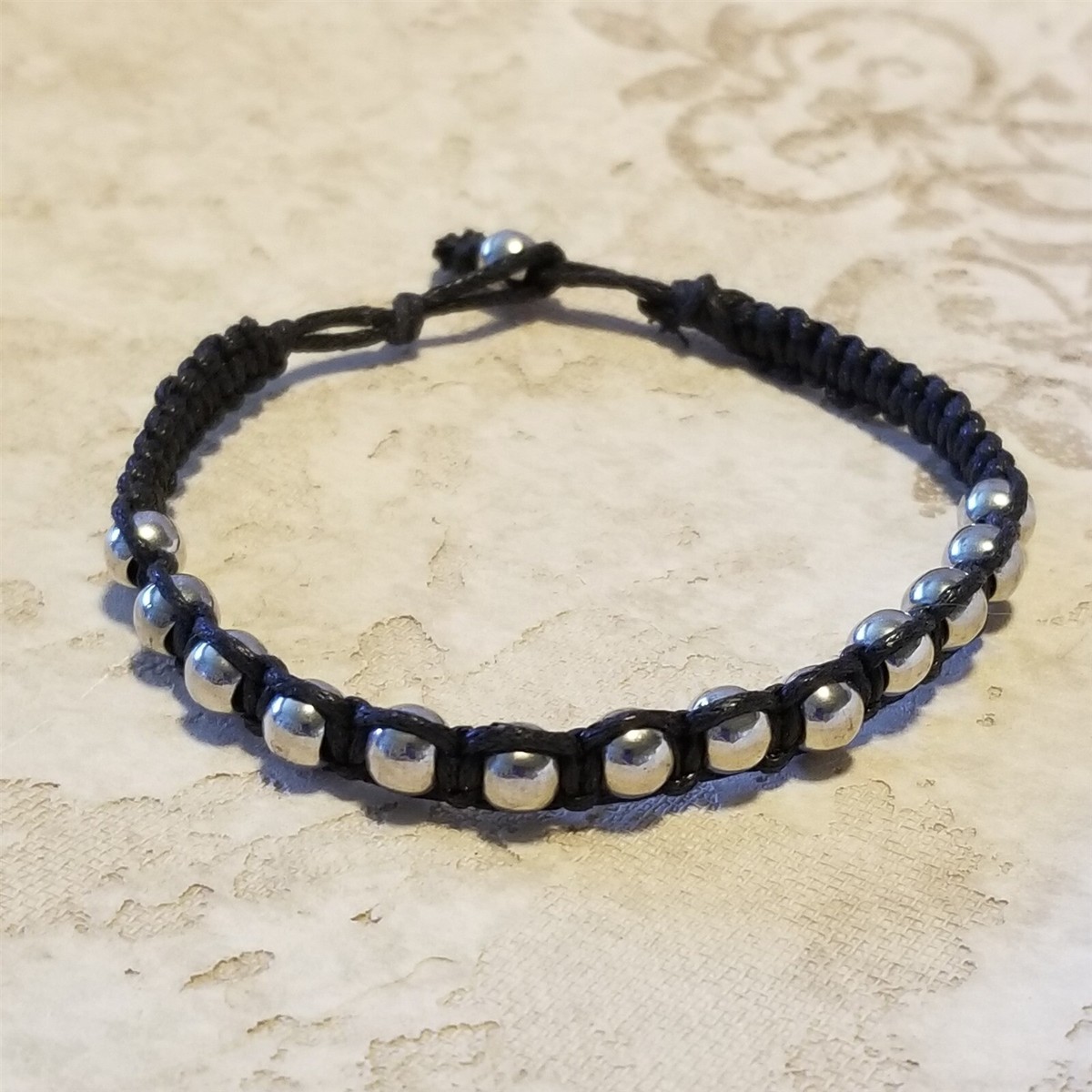 Silver Beads and Black Waxed Cotton Shamballa Style Macrame Cord 7