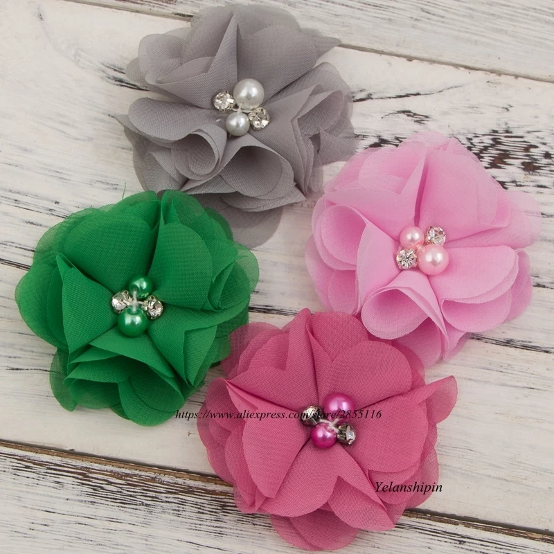 120PCS Mini Chiffon Fabric Flowers Pearl Rhinestone For Hair Clips Accessory DIY - Image 3 of 4