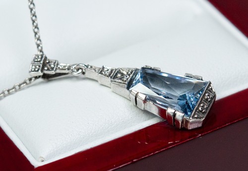 935 Silver - Antique Art Deco Pendant - Blue Spinel - Picture 4 of 7
