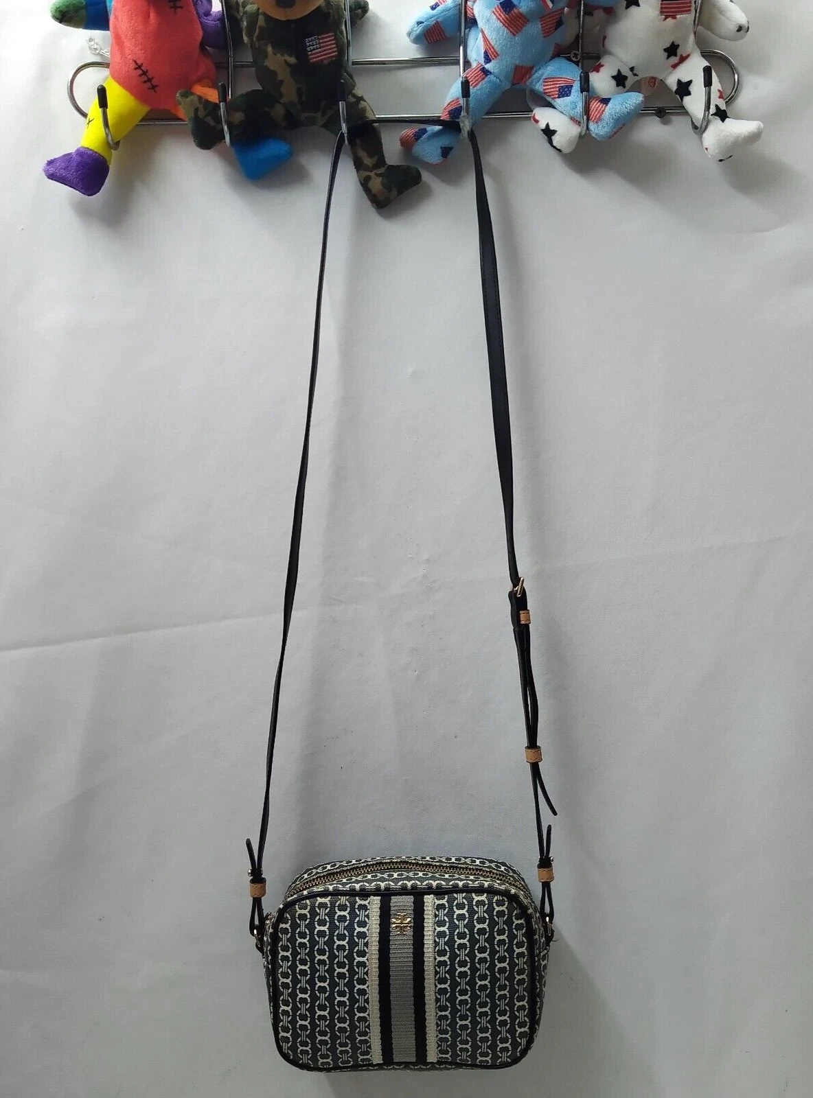 Borsa a tracolla Tory Burch Gemini Link in tela nera mini borsa a righe con cerniera