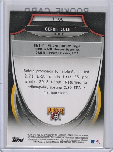 GERRIT COLE Top Prospects ROOKIE CARD Baseball Pirates 2013 Bowman Platinum RC - Bild 2 von 2