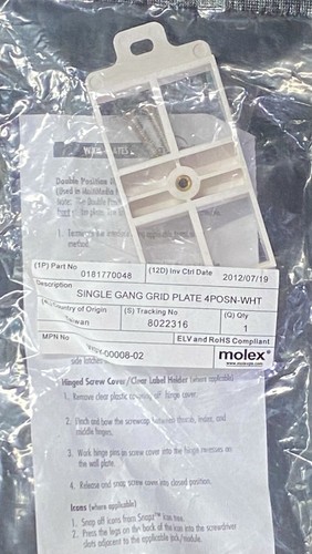 MOLEX WSY-00008-02 4-PORT WALL FACEPLATE WHITE (LOT OF 5) 106 STYLE GRID PLATE - Picture 3 of 5
